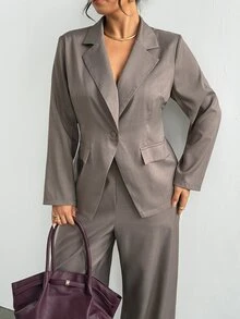 Firerie Plus Size Blazer Lapel Long Sleeve Pocket Button Solid Color Pant Set Elegant Office Business Work Suit Sets Women Fall/Winter Elegant Going Out Sets - Khaki - View 6