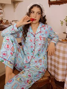 Tulorae Light Bottom Vintage Postage Stamp Fruit Print Lapel Long Sleeve Cardigan & Pants Women's Pajama Set - Mint Blue - View 7