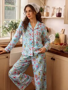 Tulorae Light Bottom Vintage Postage Stamp Fruit Print Lapel Long Sleeve Cardigan & Pants Women's Pajama Set - Mint Blue - View 3
