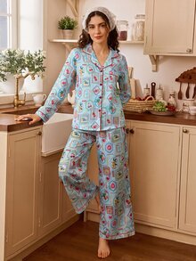 Tulorae Light Bottom Vintage Postage Stamp Fruit Print Lapel Long Sleeve Cardigan & Pants Women's Pajama Set - Mint Blue - View 4