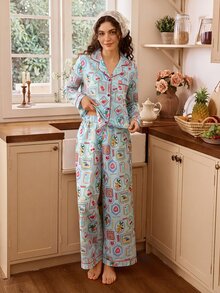 Tulorae Light Bottom Vintage Postage Stamp Fruit Print Lapel Long Sleeve Cardigan & Pants Women's Pajama Set - Mint Blue - View 8