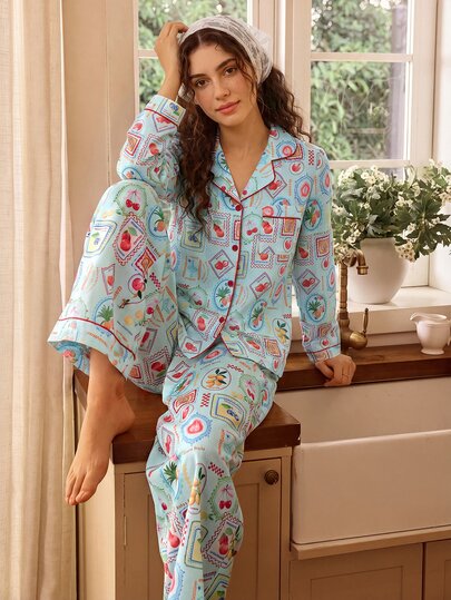 Tulorae Light Bottom Vintage Postage Stamp Fruit Print Lapel Long Sleeve Cardigan & Pants Women's Pajama Set