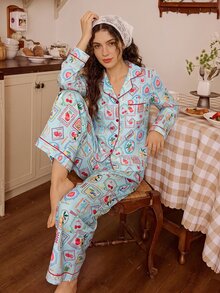 Tulorae Light Bottom Vintage Postage Stamp Fruit Print Lapel Long Sleeve Cardigan & Pants Women's Pajama Set - Mint Blue - View 5
