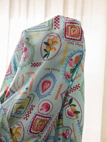 Tulorae Light Bottom Vintage Postage Stamp Fruit Print Lapel Long Sleeve Cardigan & Pants Women's Pajama Set - Mint Blue - View 6