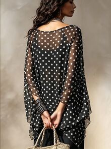 SHEIN 新款女款拼色拼接修身襯衫上衣，百搭顯瘦，適合外出度假，黑白波點，秋季性感波希米亞風 - 黑與白 - 查看 2