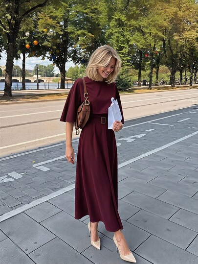 SHEIN PariChic Women's Summer French Elegant Casual Design Shawl Collar Sleeveless Metal Buckle Belt Waist-Cinching Slimming Long A-Line Full Skirt Apricot Dress