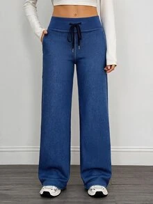SHEIN Tall Women's High Waist Drawstring Solid Color Denim Jeans, Urban Renaissance Street Style Casual Fashion Creative Personalized Streetwear - Blue - View 6