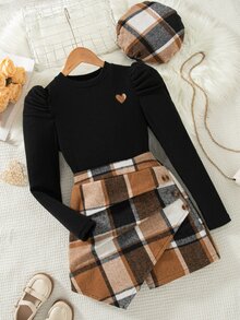 SHEIN Elladie kids Tween Girl) T-Shirt Set, Tween GirlsHeart Embroidery Puff Sleeve Ribbed Knit Top + Plaid Skirt + Hat 3 Pieces Set, Sweet Outfit For Autumn/Winter, Suitable For Daily Wear, Parties And More - Black - View 3