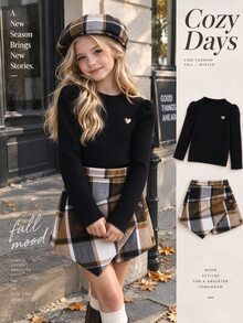 SHEIN Elladie kids Tween Girl) T-Shirt Set, Tween GirlsHeart Embroidery Puff Sleeve Ribbed Knit Top + Plaid Skirt + Hat 3 Pieces Set, Sweet Outfit For Autumn/Winter, Suitable For Daily Wear, Parties And More - Black - View 1