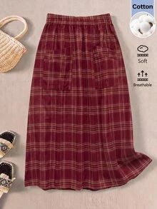 Rusticease Women's Plaid Casual Vintage Versatile Daily Wear Skirt Picnic Burgundy Fall Christmas Thanksgiving - Red - View 1
