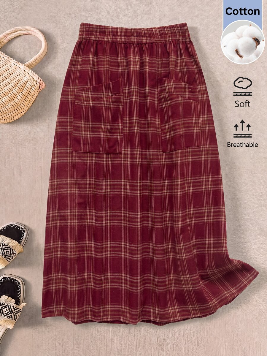 Rusticease Women's Plaid Casual Vintage Versatile Daily Wear Skirt Picnic Burgundy Fall Christmas Thanksgiving - Red - View 1