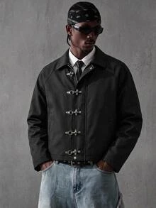 STEELVANCE Men's Cropped Turn-Down Collar Jacket With Aviator Buckle Detail, Snap Button Long Sleeve Casual Streetwear Outerwear - Black - View 1