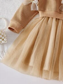 SHEIN 女童一件式洋裝，3D蝴蝶結裝飾、圓領、長袖、對比色網紗下擺，仙女公主風秋季穿搭生日禮物 - 咖啡 - 查看 7