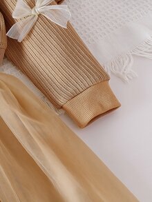 SHEIN 女童一件式洋裝，3D蝴蝶結裝飾、圓領、長袖、對比色網紗下擺，仙女公主風秋季穿搭生日禮物 - 咖啡 - 查看 6