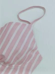 Selianne 女款條紋印花罩杯肩帶洋裝，夏季高腰收腰A字修身短洋裝 - 粉色 - 查看 7