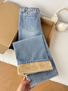 SHEIN Tween Girl Fall/Winter Fashion Casual Soft Girl Y2k Light Blue Denim Loose Low-Waist Design Canvas Jeans Kids School Holiday Vacation - Blue - View 2