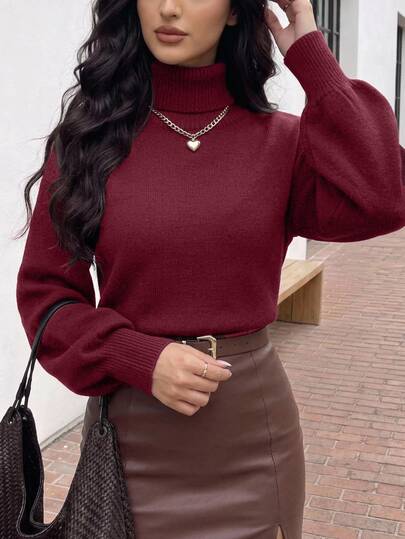 SHEIN Cottnline Elegancki casualowy sweter plus size w kolorze bordowym, z wysokim dekoltem, kwiatową koronką i dzianiną, z długim rękawem, na zimę, do biura, na wieczór, imprezę formalną i Boże Narodzenie