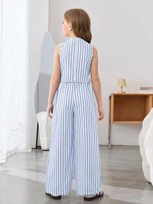 Firerie Kids Firerie Kids Nova Glow 2pcs Tween Girls Casual Vacation Striped Vest And Wide Leg Pants Set - Baby Blue - View 4