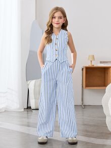 Firerie Kids Firerie Kids Nova Glow 2pcs Tween Girls Casual Vacation Striped Vest And Wide Leg Pants Set - Baby Blue - View 5