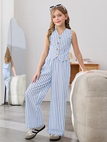 Firerie Kids Firerie Kids Nova Glow 2pcs Tween Girls Casual Vacation Striped Vest And Wide Leg Pants Set - Baby Blue - View 6