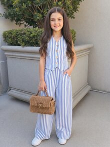 Firerie Kids Firerie Kids Nova Glow 2pcs Tween Girls Casual Vacation Striped Vest And Wide Leg Pants Set - Baby Blue - View 1