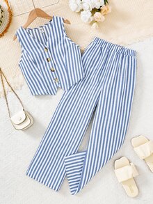 Firerie Kids Firerie Kids Nova Glow 2pcs Tween Girls Casual Vacation Striped Vest And Wide Leg Pants Set - Baby Blue - View 3