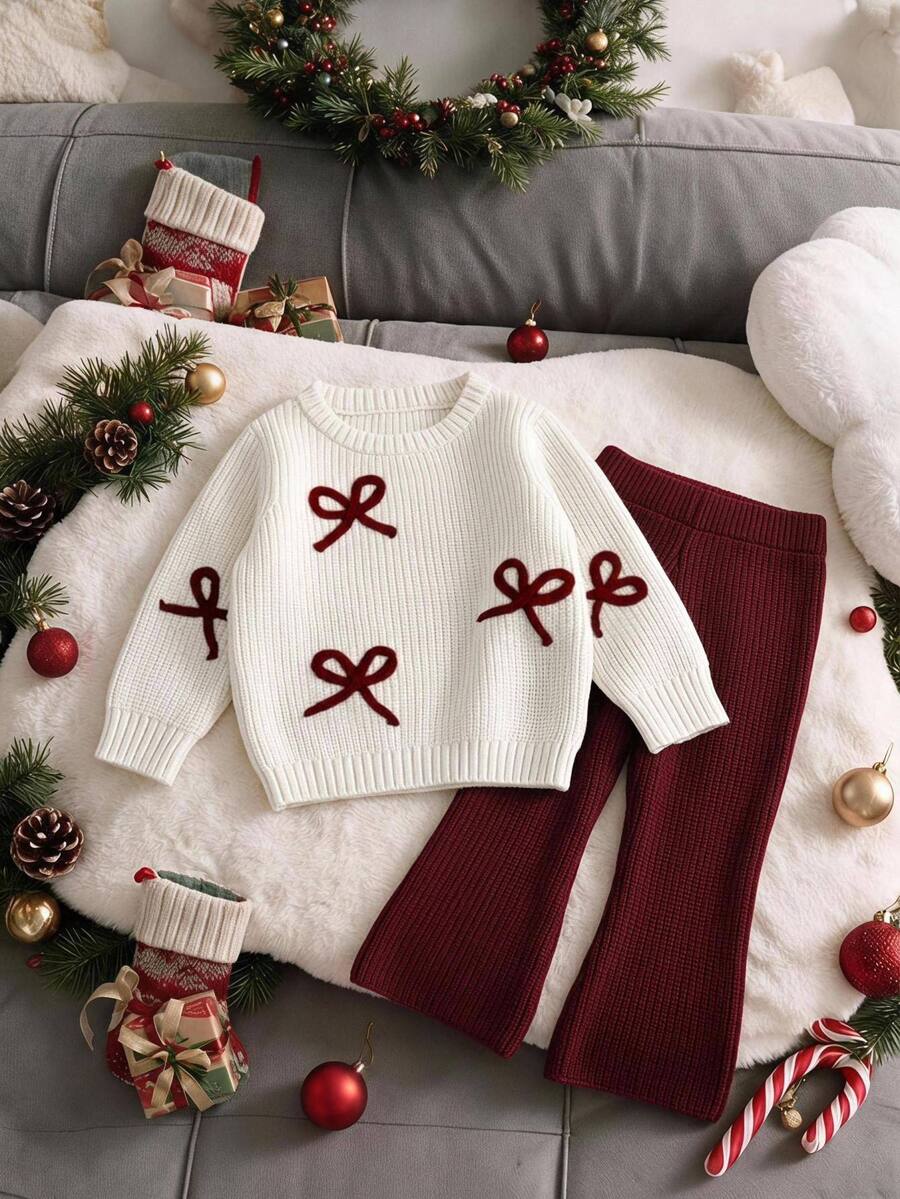 SHEIN Baby Outfit Set White Ribbed Knit Sweater And Burgundy Pants, Long Sleeve Crew Neck Bow Print Set Winter - Burgundy - View 1