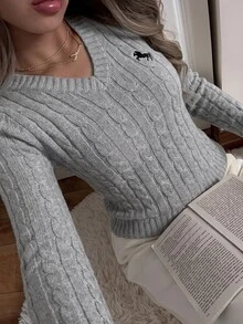 SHEIN EZwear 女款休閒V領長袖針織毛衣，酒紅色，秋季校園返校騎士圖案日常極簡聖誕上衣，紅色上衣 - 灰色 - 查看 6