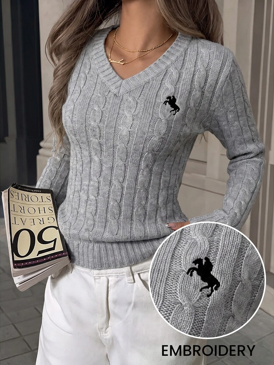SHEIN EZwear 女款休閒V領長袖針織毛衣,酒紅色,秋季校園返校騎士圖案日常極簡聖誕上衣,紅色上衣 - 灰色 - 查看 1