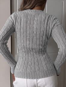 SHEIN EZwear 女款休閒V領長袖針織毛衣，酒紅色，秋季校園返校騎士圖案日常極簡聖誕上衣，紅色上衣 - 灰色 - 查看 2