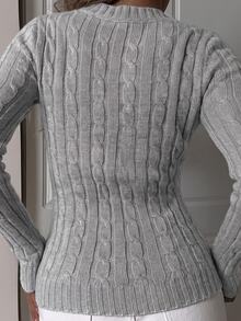 SHEIN EZwear 女款休閒V領長袖針織毛衣，酒紅色，秋季校園返校騎士圖案日常極簡聖誕上衣，紅色上衣 - 灰色 - 查看 8