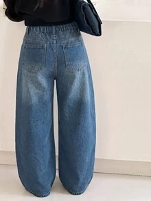 SHEIN 青少年女孩時尚休閒街頭風 Y2K 淺藍色做舊寬鬆舒適基礎簡約牛仔褲，適合兒童上學、假期度假、秋季穿著 - 藍色 - 查看 2