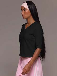 MUSERA ESSENTIALS Cotton Blended V Neck Quarter Sleeve Loose Fit Top Tshirt Cute Everyday Basics Sexy Daily Spring Summer Essential - Black - View 3