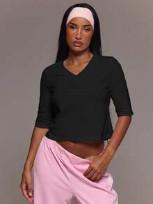 MUSERA ESSENTIALS Cotton Blended V Neck Quarter Sleeve Loose Fit Top Tshirt Cute Everyday Basics Sexy Daily Spring Summer Essential - Black - View 1