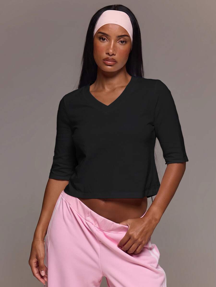 MUSERA ESSENTIALS Cotton Blended V Neck Quarter Sleeve Loose Fit Top Tshirt Cute Everyday Basics Sexy Daily Spring Summer Essential - Black - View 1