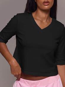 MUSERA ESSENTIALS Cotton Blended V Neck Quarter Sleeve Loose Fit Top Tshirt Cute Everyday Basics Sexy Daily Spring Summer Essential - Black - View 5