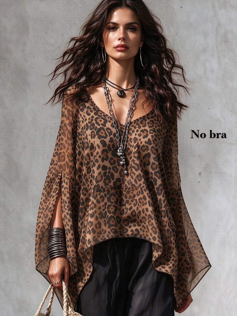 SHEIN 新款女款豹紋百搭顯瘦開衩袖時尚襯衫 - 咖啡棕 - 查看 1