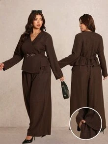 Elaquor Plus Size Women Solid Color Long Sleeve Back Knot Shirt And Wide Leg Pants Elegant Casual 2 Pieces Set Party Office Business Brown Set Fall/Winter - Coffee Brown - View 1