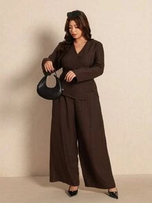 Elaquor Plus Size Women Solid Color Long Sleeve Back Knot Shirt And Wide Leg Pants Elegant Casual 2 Pieces Set Party Office Business Brown Set Fall/Winter - Coffee Brown - View 7