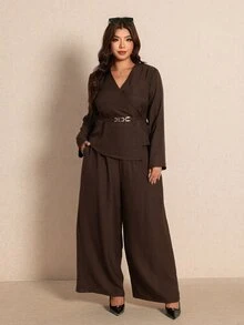 Elaquor Plus Size Women Solid Color Long Sleeve Back Knot Shirt And Wide Leg Pants Elegant Casual 2 Pieces Set Party Office Business Brown Set Fall/Winter - Coffee Brown - View 4