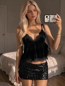 CovetEZ Women's Solid Color Lace Patchwork V-Neck Backless Ruched Minimalist Camisole - Black - View 5