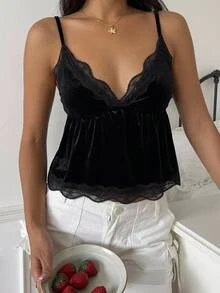 CovetEZ Women's Solid Color Lace Patchwork V-Neck Backless Ruched Minimalist Camisole - Black - View 3