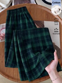 Rusticease Women's Plaid Pattern Elastic Waist Fashion 70s 90s Casual Preppy Long Pants School Lounge Green Plaid Fall Home - Green - View 1