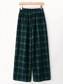 Rusticease Women's Plaid Pattern Elastic Waist Fashion 70s 90s Casual Preppy Long Pants School Lounge Green Plaid Fall Home - Green - View 2