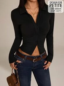 SHEIN PETITE 女款純色翻領長袖單排扣休閒上衣，純黑色襯衫，適合外出夜生活、辦公工作、秋季、小個女款 - 黑色 - 查看 9