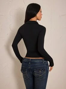 SHEIN PETITE 女款純色翻領長袖單排扣休閒上衣，純黑色襯衫，適合外出夜生活、辦公工作、秋季、小個女款 - 黑色 - 查看 2