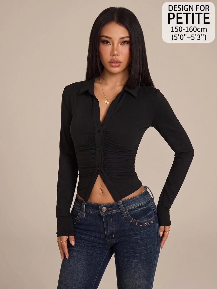 SHEIN PETITE 女款純色翻領長袖單排扣休閒上衣,純黑色襯衫,適合外出夜生活、辦公工作、秋季、小個女款 - 黑色 - 查看 1