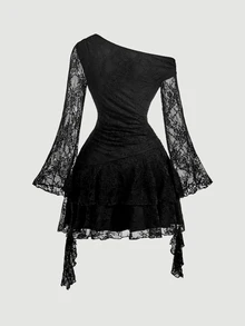 SHEIN MOD Black Lace Bell Sleeve Ruffle Asymmetrical Shoulder Dress,Womens One Long Layered Short Party Night Out Cocktail Gown Elegant Sexy - Black - View 6