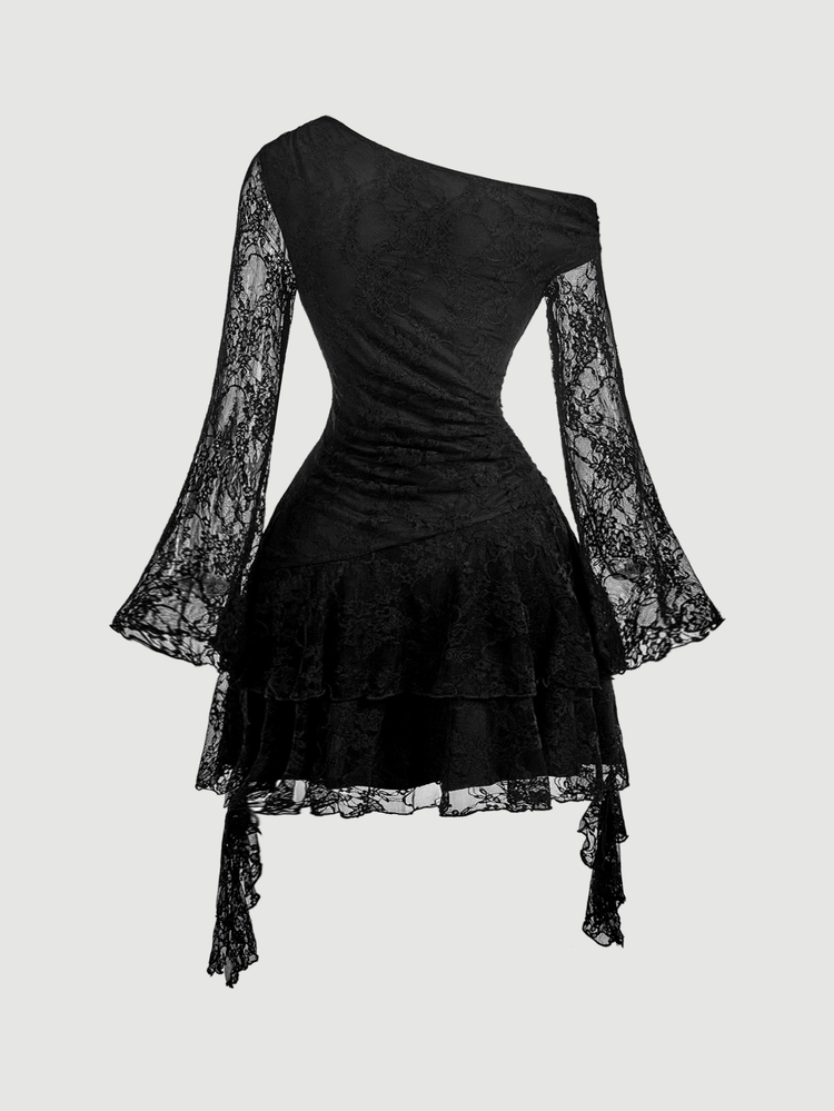 SHEIN MOD Black Lace Bell Sleeve Ruffle Asymmetrical Shoulder Dress,Womens One Long Layered Short Party Night Out Cocktail Gown Elegant Sexy - Black - View 6