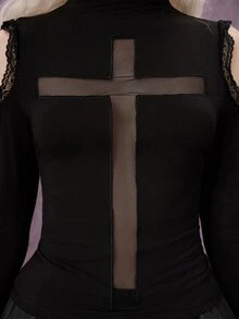ROMWE Women's Cross Goth Cold Shoulder Lace Sexy Slim Fit Base Layer Top, Versatile Hot Girl Style Halloween Night Out Black - Black - View 2